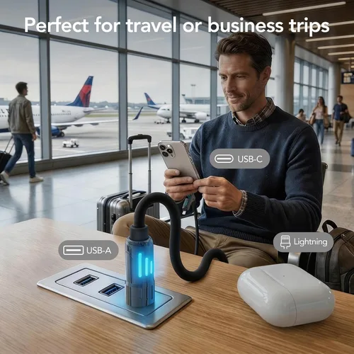 Vista 5 de MFish Cable de carga USB 4 en 1 con funda de transporte, cable de carga rápida de 240 W, USB-A y USB-C dual a USB-C/Lightning, para iPhone Negro