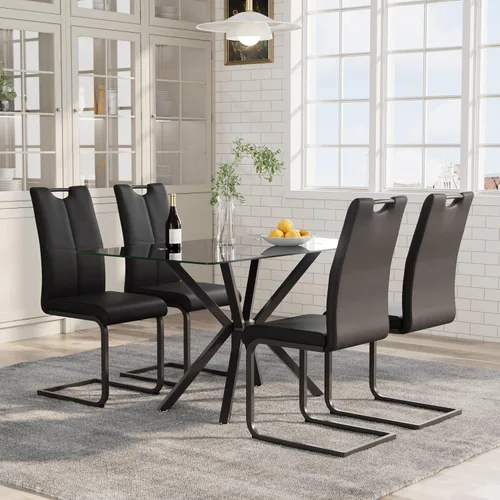 Vista 3 de 5-Piece 47" Dining Table with 4 PU Leather Chairs, Modern Dining Table Set for 4, Rectangle Black Top Kitchen Table with Black Metal Legs for Dining