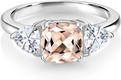 Vista 32 de 925 Sterling Silver Gemstone Birthstone and White Moissanite 3-Stone Engagement Ring for Women 7MM Cushion and 5MM Trillion Accents Three Stone