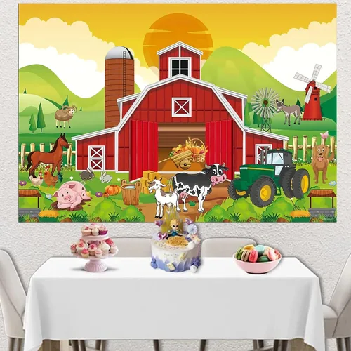Vista 5 de Telón de fondo rojo de granero para niños, decoración de fiesta de cumpleaños, dibujos animados de animales de granja, granero, fondo de fotografía