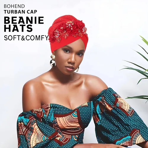 Vista 6 de Bohend Gorro de turbante con diamantes de imitación de flor africana, gorro musulmán preatado, gorro de lentejuelas para la cabeza, pañuelo elástico