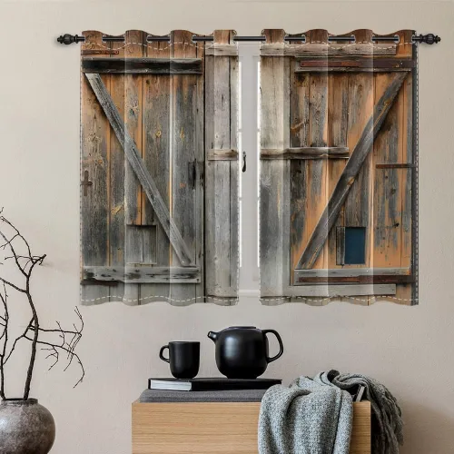 Vista 47 de Cortinas rústicas para ventana de puerta de granero, puerta de madera gris, puerta de garaje, tratamiento de ventana para sala de estar, dormitorio