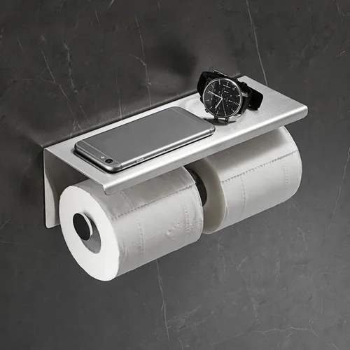 Vista 9 de Soporte de papel higiénico de un solo rollo con estante para teléfono, dispensador de pañuelos de acero inoxidable montado en la pared para baño