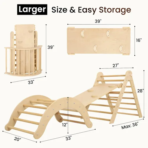 Vista 2 de Belleur Juguetes de Escalada 7 en 1 para Niños Pequeños de 1-3 Años, Set de Triángulo Pikler de Madera Plegable para Interiores, Set de Escalada