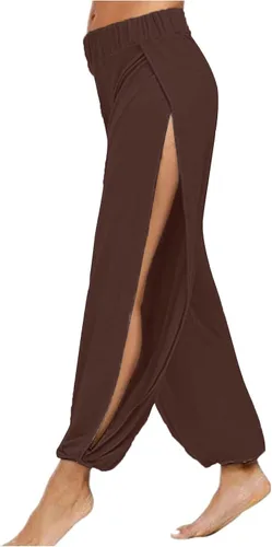 Vista 2 de NAMTYQX Pantalones harén de hendidura alta para mujer, pantalones de yoga hippie con abertura lateral, pantalones deportivos para entrenamiento