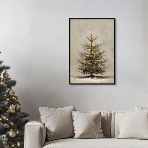 Vista 5 de Arte de pared en lona de árbol de Navidad y pino, póster rústico iluminado de abeto nevado, decoración de pared de vacaciones de invierno antigua