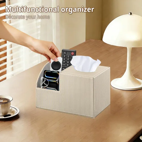 Vista 2 de Funda cuadrada de piel sintética para caja de pañuelos – Soporte multifuncional para caja de pañuelos, cubierta de caja de pañuelos