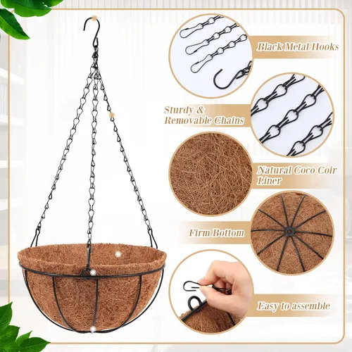Vista 4 de Dandat 1 cesta colgante de metal de 10 pulgadas con forro de fibra de coco, alambre de metal, soporte para plantas, riego al aire libre, macetas