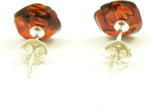 Vista 6 de Aretes de plata de ley con rosa de ámbar báltico auténtico, hechos a mano con ámbar báltico auténtico