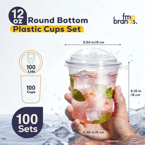 Vista 2 de Fit Meal Prep Paquete de 100 vasos de plástico transparente de fondo redondo de 12 onzas con tapas sin popote, tazas de café helado desechables