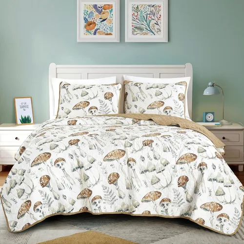 Vista 21 de ESCA - Juego de colcha de 3 piezas, tamaño Queen, con estampado de girasoles amarillos reversible, floral negro y verde