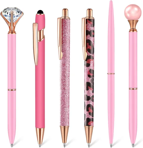 Vista 15 de Qeeenar Juego de 6 bolígrafos de bola de metal con cristales de diamante para diario, bonitos y brillantes, elegantes artículos de papelería, tinta