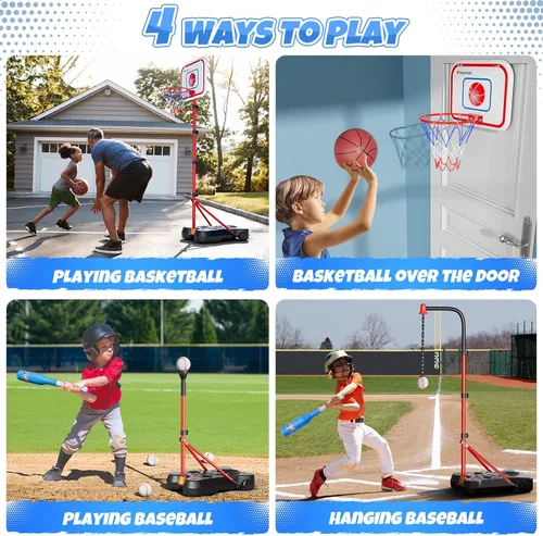 Vista 2 de HopeRock Juego de aro de baloncesto 2 en 1 y pelota en T para niños, soporte de pelota ajustable, camiseta colgante de béisbol para niños y niñas