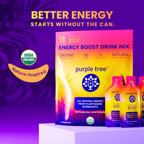 Vista 2 de purple tree Paquetes de energía orgánica – Cero azúcar, 80 mg de cafeína natural de yerba mate y guaraná, con vitaminas B12 para una energía suave