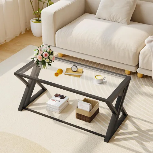 Vista 3 de Mesa de café Wolawu de vidrio negro para sala de estar, mesa central rectangular moderna con marco de metal resistente, mesa de té de vidrio