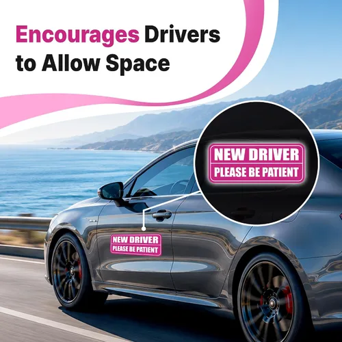 Vista 7 de GEEKBEAR Imán de coche New Driver – Colorido, reflectante, resistente a la intemperie – Rectangular 8.7 x 3.5 pulgadas (rosa/rosa, paquete de 3)