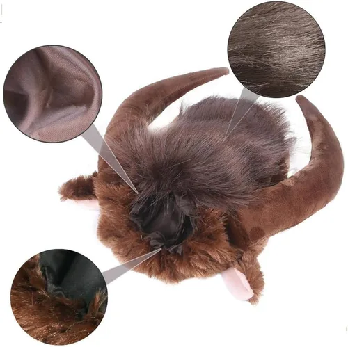 Vista 6 de Peluca de cuerno de perro de Halloween, disfraz suave de perro de toro, gorro cálido de invierno, peluca de perro, ropa para mascotas, divertido