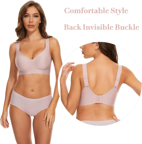 Vista 2 de Brasier sin costuras inalámbrico para mujer, cuello en V profundo, cómodo brasier con cobertura completa, sujetadores acolchados cómodos