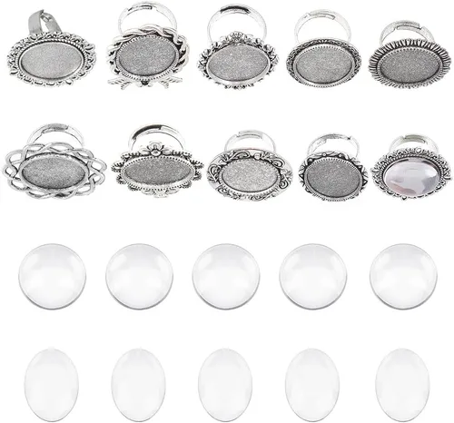 Vista 10 de SUNNYCLUE Juego de 24 piezas de anillos ajustables mixtos, cabujones, kit de fabricación de joyas, ajuste de anillo de dedo, cabujones de cristal