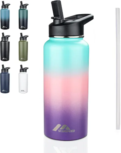 Vista 24 de StarSpeed Botella de agua aislada de 32 onzas con tapa con pajilla, botella de agua al vacío de doble pared de acero inoxidable, botella de agua