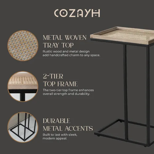 Vista 6 de COZAYH Mesa auxiliar de sofá en forma de C de granja con bandeja tejida de madera rústica y metal y marco de metal, mesa auxiliar para sala de Negro