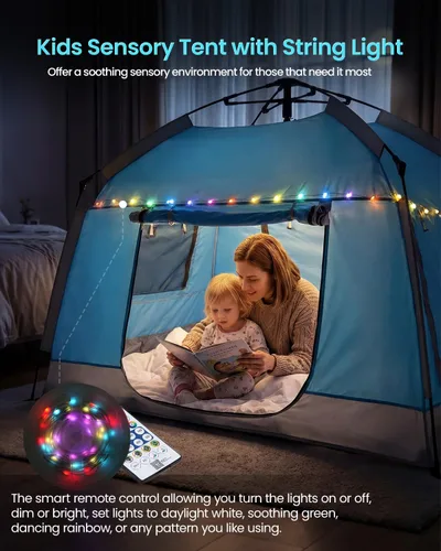 Vista 2 de Casa de juegos para niños fácil de instalar con bonita tira de luces LED y 3 aberturas grandes, carpa de juego portátil para niños y habitación