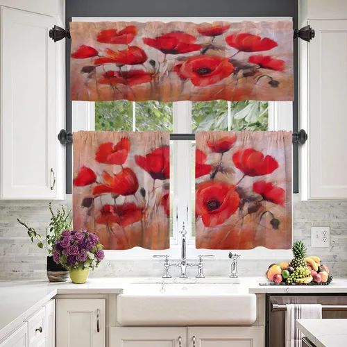 Vista 2 de BaoNews Cortina de ventana de flores de amapola con diseño de plantas artísticas, cenefas de cocina, pintura al óleo, lienzo opaco, decoración