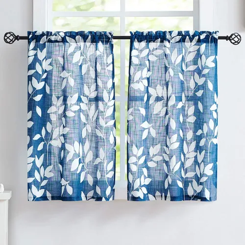 Vista 10 de Treatmentex Cortinas azules de cocina de 24 pulgadas con estampado de hojas blancas cortas para ventanas pequeñas, 2 paneles