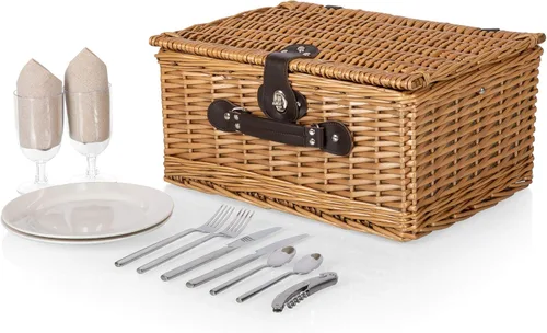 Vista 2 de PICNIC TIME Cesta de picnic clásica para 2, romántica canasta de mimbre de madera de estilo inglés con servicio de lujo para 2, interior totalmente