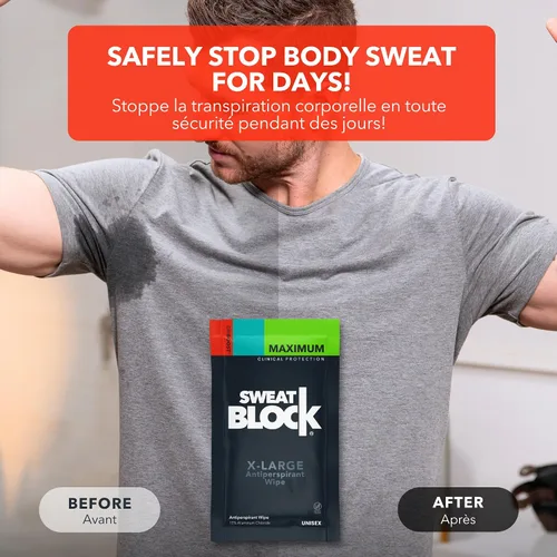 Vista 3 de SweatBlock Clinical Strength XL - Toallitas antitranspirantes para hombres y mujeres, protección contra el sudor para manos, pies, axilas y cuerpo