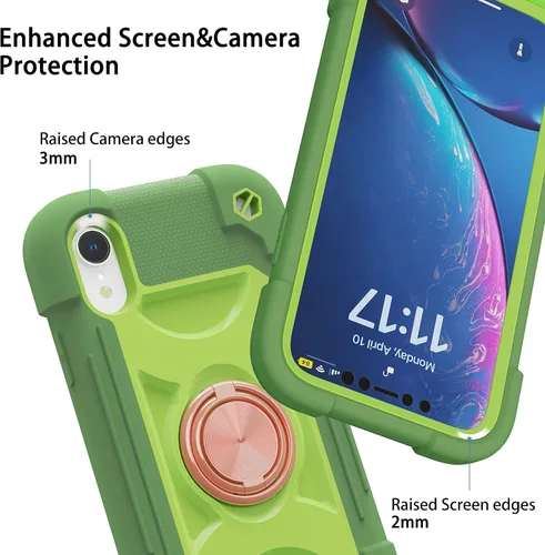 Vista 3 de Funda para iPhone XR de 6.1 pulgadas con soporte de anillo, con 2 protectores de pantalla de vidrio, resistente a los golpes, resistente a