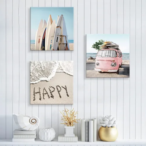 Vista 2 de UTOP-art Decoración de pared de playa, lienzo costal, cuadros de tablas de surf y auto rosa sobre arena, pintura artística para sala de estar