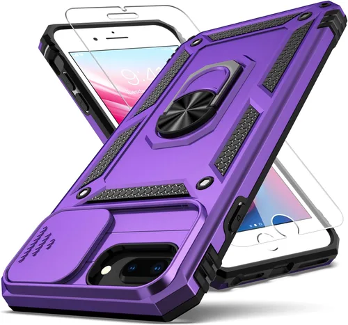 Vista 8 de Funda para iPhone 8 Plus, para iPhone 7/6 Plus, con cubierta deslizante para cámara + protector de pantalla HD, soporte de anillo giratorio de grado