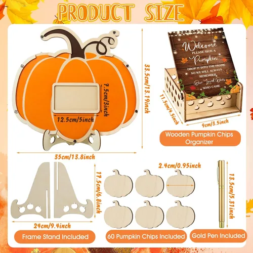 Vista 3 de Thyle Juego de 63 piezas de calabaza para baby shower, libro de invitados de otoño, Halloween, calabaza, baby shower, con marco de fotos, marco