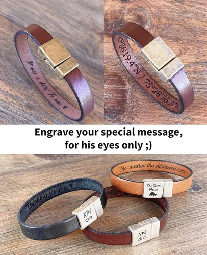 Vista 10 de Men's Leather Bracelet Personalized - Hidden Message Wristband - Customizable Anniversary Gift for Husband -Sentimental Present for Boyfriend