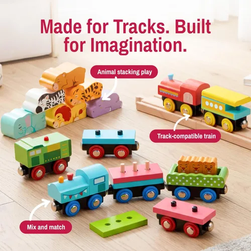 Vista 3 de Montessori - Juego de juguetes de tren de madera para niños, 12 vagones magnéticos de tren con caja de regalo de almacenamiento, juguete educativo