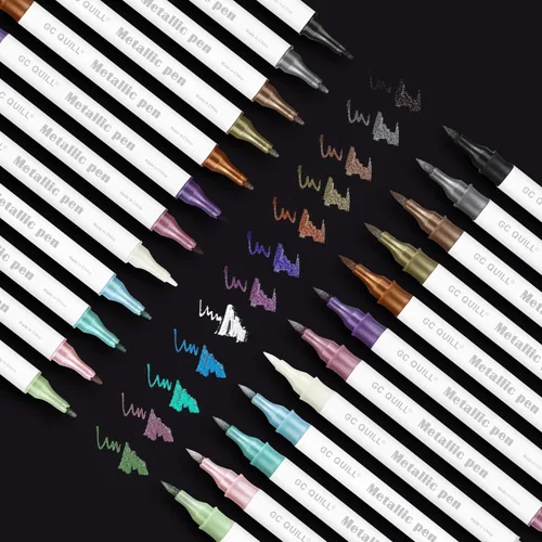 Vista 9 de Rotuladores metálicos de 12 colores – Brocha de doble punta y bolígrafos de punta fina para álbum de bricolaje, tarjetas negras, álbumes