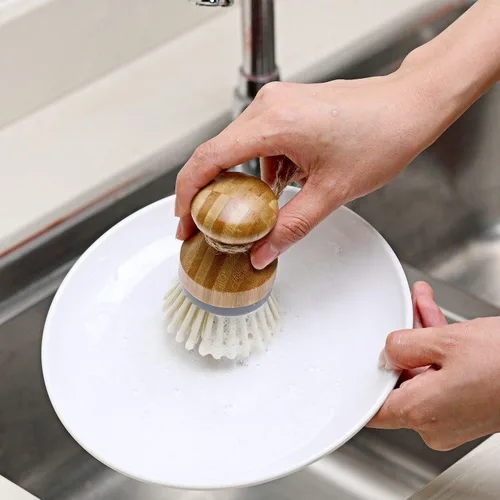 Vista 5 de 4 cepillos de bambú para fregar platos con soportes, de madera, de bambú, redondos, cerdas rígidas, cepillos para lavar platos, ollas, sartenes
