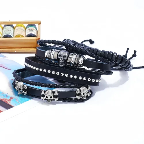Vista 2 de Punk Skull Braided Leather Wrap Bracelet For Men Women Emo Goth Cuff Bracelet Set Adjustable Gothic Rock Jewelry