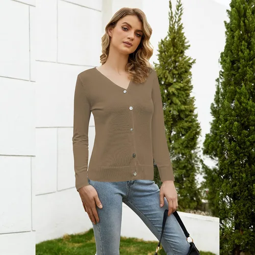 Vista 2 de Suéter ligero de punto suave con cuello en V y manga larga con botones para mujer