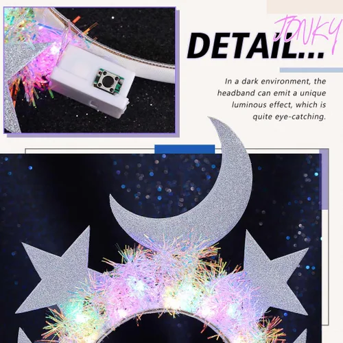 Vista 5 de JONKY Diadema de estrellas iluminadas, diadema de luna y estrellas, diadema celestial brillante, disfraz de oropel, accesorios para el cabello