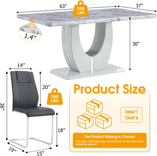 Vista 5 de JUFU Juego de mesa de comedor para 6, 63 pulgadas, juego de mesa de cocina y sillas de mármol sintético gris con 6 sillas de piel sintética, juego