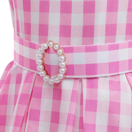 Vista 4 de Disfraz de princesa para niñas, disfraz de fiesta de cumpleaños a cuadros rosados