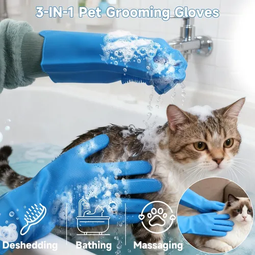 Vista 5 de 3-in-1 Pet Grooming Gloves for Washing, Deshedding & Massage (2)