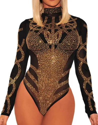Vista 6 de RED DOT BOUTIQUE 650 - Body de manga larga con diamantes de imitación de malla transparente transparente de talla grande