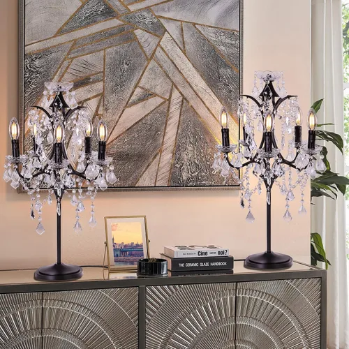 Vista 4 de TOCHIC Lámpara de Mesa Tradicional de Granja con 5 Luces, Lámpara de Cristal Artesanal Negra de 30 Pulgadas de Altura para Sala de Estar, Sala