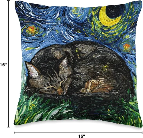 Vista 4 de Sagittarius Gallery Aja Throw Pillow - Arte de noche estrellada de gato marrón durmiendo, 16 x 16 pulgadas, multicolor