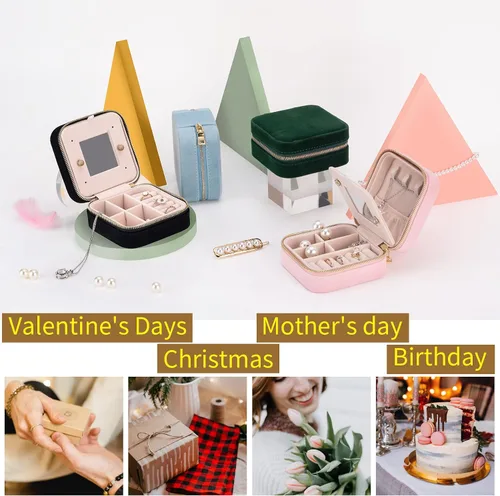 Vista 6 de Joyero de terciopelo de viaje con espejo mini estuche de regalo para mujeres y niñas pequeñas cajas organizadoras portátiles para anillos aretes