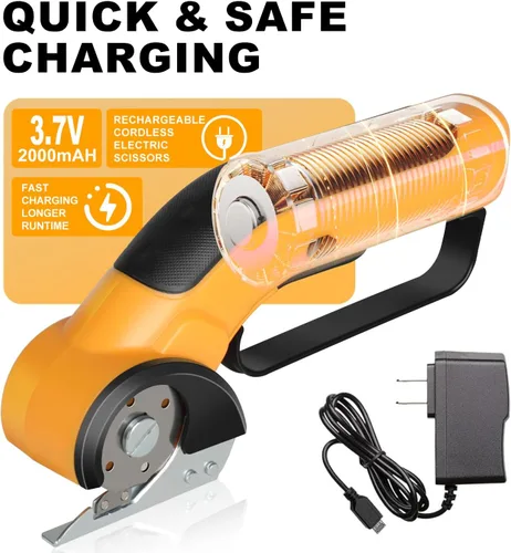 Vista 4 de ZFULVO Tijeras Eléctricas Inalámbricas Recargables con 2 Cuchillas y Bolsa de Almacenamiento, Potente Cortador Giratorio de Cajas de Cartón 3.7V