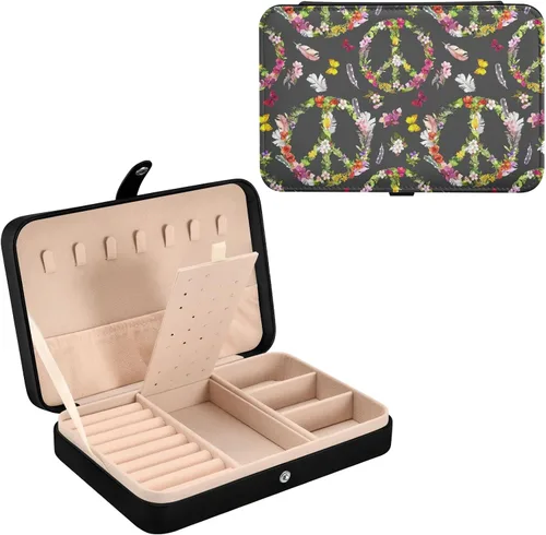 Vista 2 de Joyero de viaje, organizador de joyas pequeño de piel sintética para mujer, letrero de paz con flores para aretes, anillos, collares, pulseras